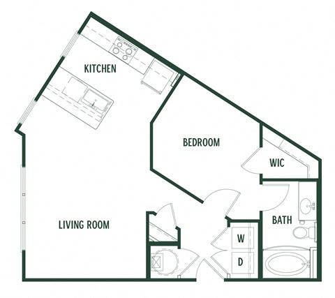 Floor plan for 1 bed, 1 bath, 684 sqft